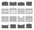 Black fence collection. Farm palisade, country garden wall, security private fence, yard protection. Vector isolated set