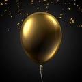 Black festive background with golden shiny balloon and serpentin