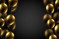 Black festive poster with gold glossy balloons. Holiday decorati