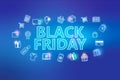 Black friday - ecommerce web banner on blue background. Various shopping icons