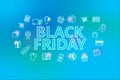 Black friday - ecommerce web banner on blue background. Various shopping icons