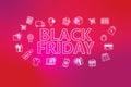 Black friday - ecommerce web banner on crimson background. Various shopping icons