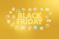 Black friday - ecommerce web banner on golden background. Various shopping icons