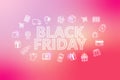 Black fiday - ecommerce web banner on pink background. Various shopping icons