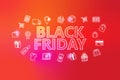 Black friday - ecommerce web banner on red background. Various shopping icons