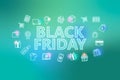 Black friday - ecommerce web banner on turquoise background. Various shopping icons