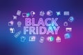 Black friday - ecommerce web banner on violet background. Various shopping icons