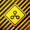 Black Fidget spinner icon isolated on yellow background. Stress relieving toy. Trendy hand spinner. Warning sign. Vector