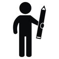 Black figure with pen, vector web icon, silhouette of man with crayon