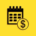 Black Financial calendar icon isolated on yellow background. Annual payment day, monthly budget planning, fixed period