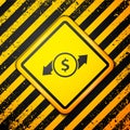 Black Financial growth and dollar coin icon isolated on yellow background. Increasing revenue. Warning sign. Vector