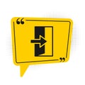 Black Fire exit icon isolated on white background. Fire emergency icon. Yellow speech bubble symbol. Vector Royalty Free Stock Photo