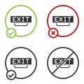 Black Fire exit icon isolated on white background. Fire emergency icon. Circle button. Vector Royalty Free Stock Photo