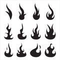 Black Fire Flame isolated icons set. Different dark fire symbols in flat style. Vector flaming elements Royalty Free Stock Photo