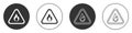 Black Fire flame in triangle icon isolated on white background. Warning sign of flammable product. Circle button. Vector Royalty Free Stock Photo