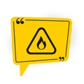 Black Fire flame in triangle icon isolated on white background. Warning sign of flammable product. Yellow speech bubble Royalty Free Stock Photo