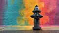 Black Fire Hydrant Against Colorful Vibrant Graffiti Brick Wall Royalty Free Stock Photo