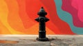 Black Fire Hydrant Against Vibrant Abstract Mural Wall Royalty Free Stock Photo
