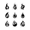 Black fire silhouettes. Simple outline fire flames, ignite and fiery explosion signs. Campfire isolated on white background icons