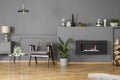 Black fireplace between plant and firewood in grey living room i