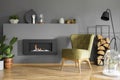 Black fireplace between plants and green armchair in grey flat i