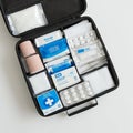 A black first aid kit is open, displaying its contents neatly arranged. Inside are various Royalty Free Stock Photo