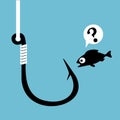 Black fish hook with fishing line on blue. Funny frightened cartoon fish looking at hook. Concept of confusion. Close dan