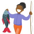 Black fisherwoman holding fish.