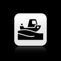 Black Fishing boat on water icon isolated on black background. Silver square button. Vector