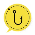 Black Fishing hook icon isolated on white background. Fishing tackle. Yellow speech bubble symbol. Vector Illustration Royalty Free Stock Photo