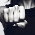 Black fist by woman hand closeup over white background copy space. ai generative Royalty Free Stock Photo