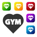 Black Fitness gym heart icon isolated on white background. I love fitness. Set icons in color square buttons. Vector Royalty Free Stock Photo