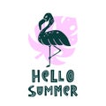 Black flamingo silhouette on pink monstera leaf with lettering Hello summer. Cute hand drawn illustration Royalty Free Stock Photo