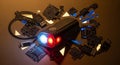 A black flashlight with red and blue LED lights sits among scattered electronic components including a USB cable and circuit board Royalty Free Stock Photo