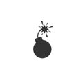 Black flat bomb icon. Round glossy inclined to the right bomb with fuse and fire.