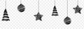 Black flat Christmas decoration, star, ball, tree hanging from top isolated on png or transparent background, space for text, Royalty Free Stock Photo