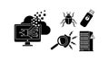 Black flat design computer monitor with cloud and microchip bug magnifier usb malware security alert icon set Royalty Free Stock Photo