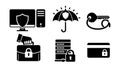 Black flat design cybersecurity icons including shield computer server lock briefcase credit card and umbrella protection concept Royalty Free Stock Photo