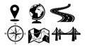 Black flat design geographic icons compass globe map road pointer bridge vector illustration Royalty Free Stock Photo