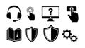 Black flat design icons headset question mark computer shield book gear settings hand tap digital support tools Royalty Free Stock Photo