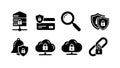 Black flat design icons of secured database server credit card magnifier shield with padlock and cloud connection lock Royalty Free Stock Photo