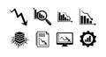 Black flat design icons set showing declining business graphs charts magnifying glass office documents computer screen and Royalty Free Stock Photo