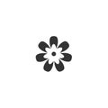 Black flat flower icon. Big Bloom with big oval petals and white core. Isolated on white