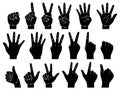 Black flat hands silhouettes counting. Keeping score with gestures. Different number of fingers. Palm and back of arm Royalty Free Stock Photo