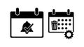 Black flat icon calendar with bell notification checkmark and settings gear with trash bin representing event reminders and date Royalty Free Stock Photo