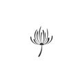 Black flat icon of dandelion flower with curved sprig. Big Bloom with big shabby petals.