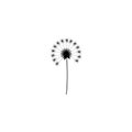 Black flat icon of dandelion flower with curved sprig. Big Bloom with big shabby petals