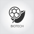 Black flat icon of leaf and molecule symbolizing modern biotech. Simplicity label of biotechnology concept. Vector logo