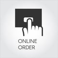 Black flat icon for online orders and purchases. Hand clicking on an order button concept. Simple black label