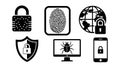 Black flat icon set fingerprint globe shield bug phone lock security technology symbols Royalty Free Stock Photo